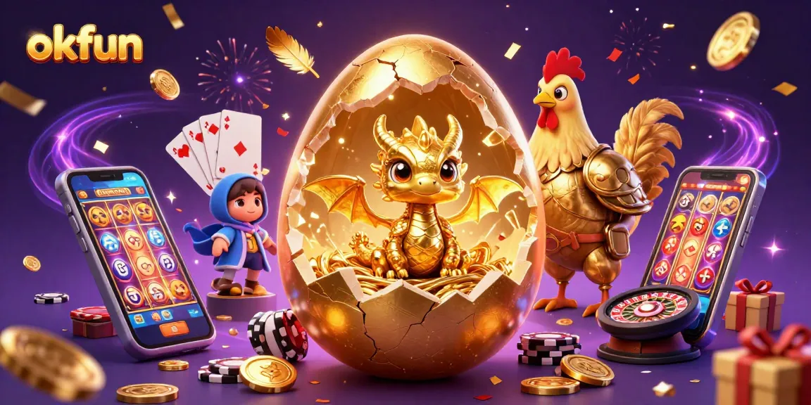 Win big with okfun, featuring a golden dragon, poker chips, and exciting slot games!