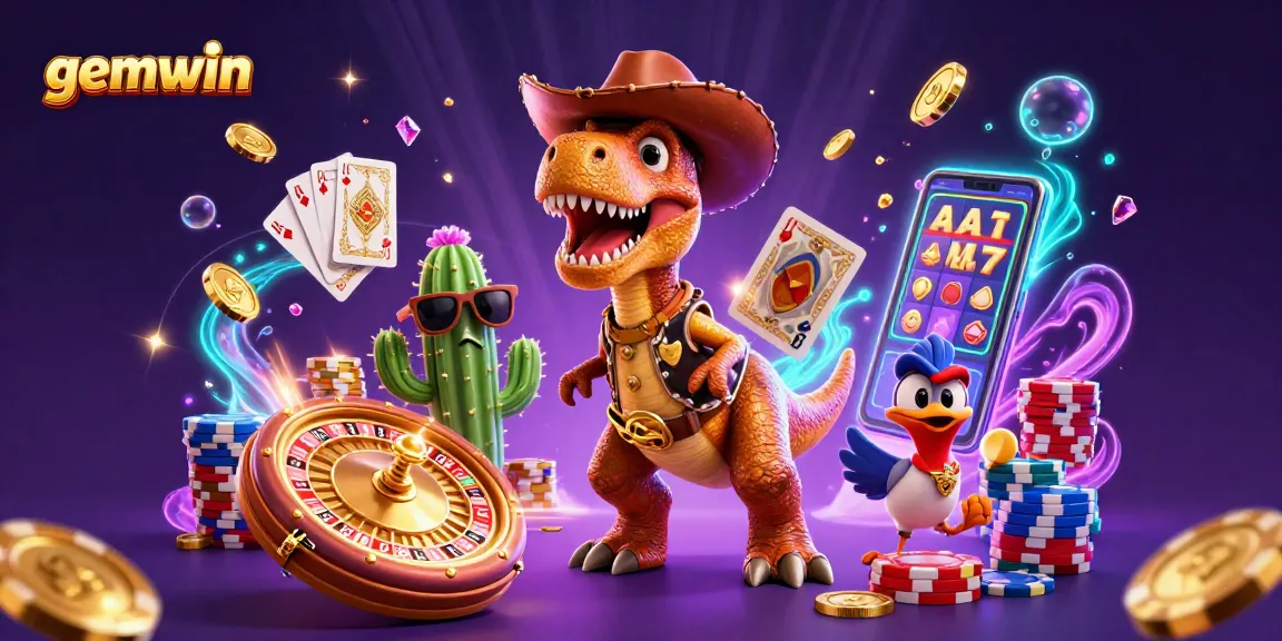 Experience gemwin with vibrant casino elements in a colorful, dynamic scene featuring exciting characters.
