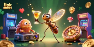 Experience the excitement at Onbet with a lively casino illustration featuring unique characters and vibrant game elements.