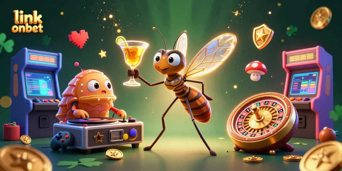 Experience the excitement at Onbet with a lively casino illustration featuring unique characters and vibrant game elements.