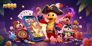 Play thrilling casino games like rr888 with a vibrant scene featuring a pirate captain and his crew, surrounded by popular gambling elements.