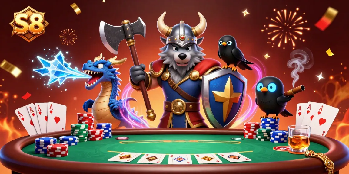 S8 casino adventure featuring a Viking wolf warrior, fierce dragon, and poker table with chips.