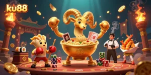 ku88 offers an engaging casino experience featuring vibrant characters in a lively 3D digital illustration.