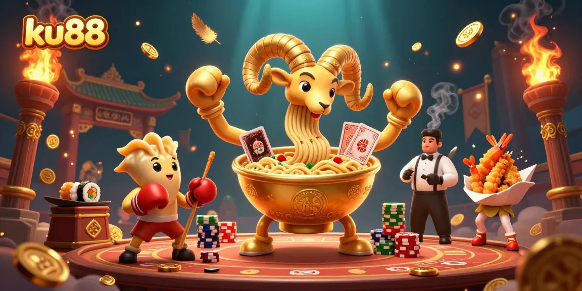ku88 offers an engaging casino experience featuring vibrant characters in a lively 3D digital illustration.