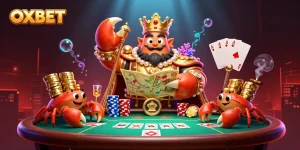 Experience thrilling gameplay at OXBET with a majestic golden crab emperor and poker elements in a vibrant casino scene.