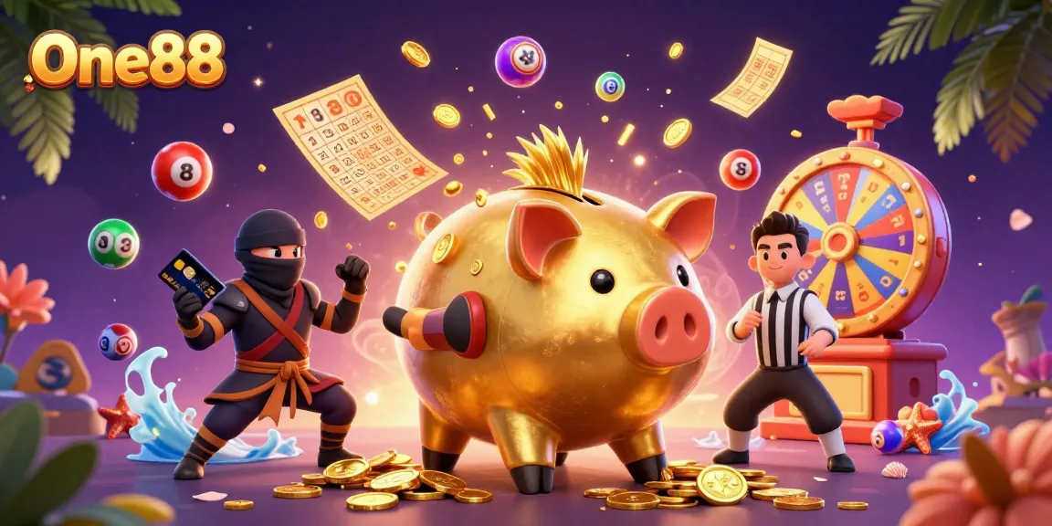 One88's vibrant 3D scene showcases a golden piggy bank sumo wrestler and ninja battling amidst casino elements.