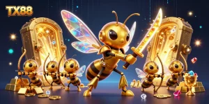 Players immerse in the TX88 online casino with golden treasures and dynamic gaming elements