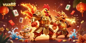Experience the excitement of vua88 with a dynamic scene featuring a fighting rooster, armored dragon, and fortune cat amidst festive elements.