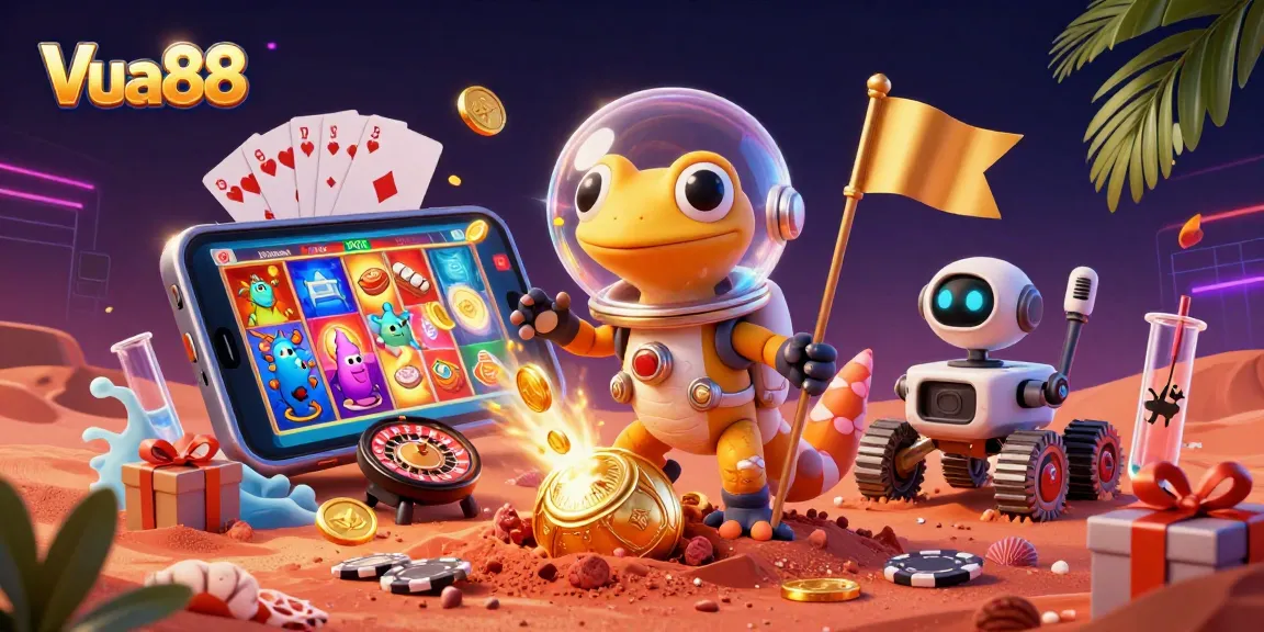 Vua88 showcases a vibrant Martian casino scene filled with games and excitement