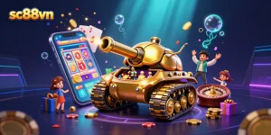 Engage with sc88vn's vibrant casino experience featuring a golden beetle tank with a miniature casino inside.
