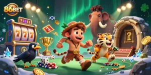 Experience the thrilling 86BET slot action with a prehistoric twist in this vibrant 3D casino scene.