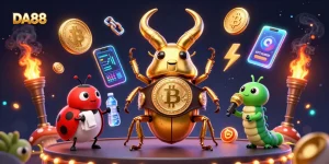 Engage in DA88 gaming excitement with golden characters and crypto rewards lighting up the scene.