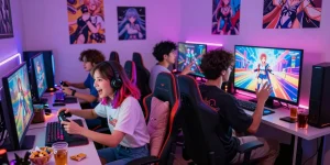 Group playing a captivating hentai game together with vibrant decorations and snacks.
