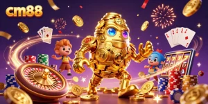 Experience thrilling gameplay with cm88’s dynamic casino scene showcasing golden golem and slot machines.