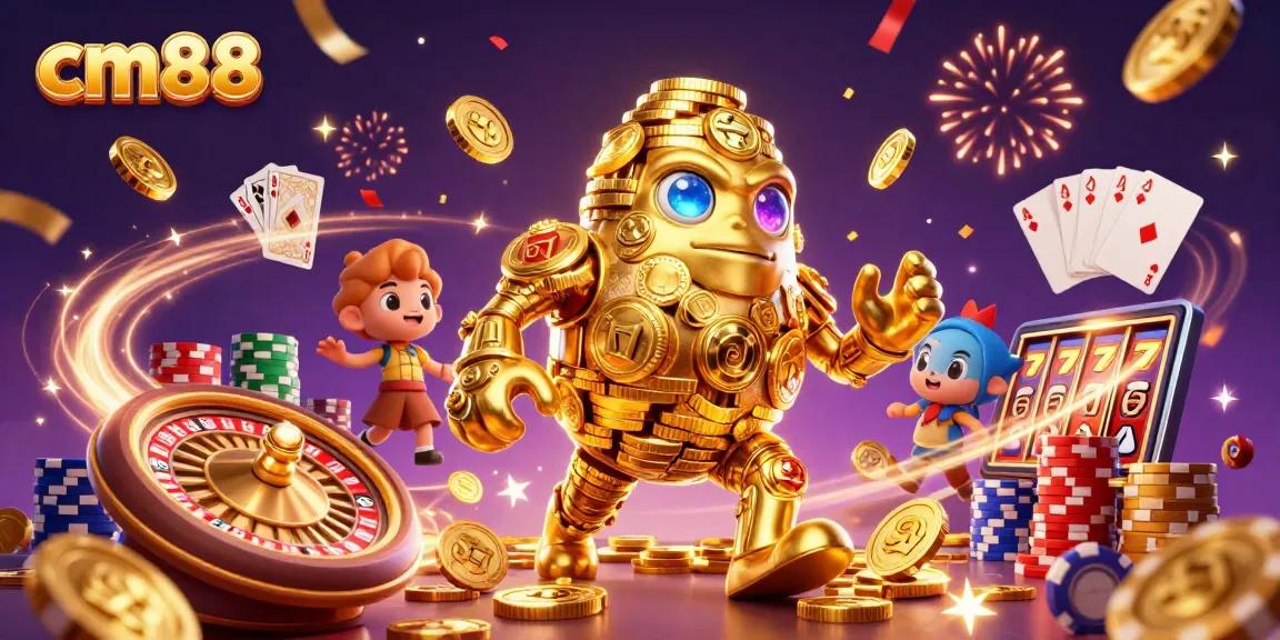 Experience thrilling gameplay with cm88’s dynamic casino scene showcasing golden golem and slot machines.