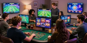 Players enjoying the HM88 online gambling platform with various games and excitement, showcasing immersive gaming experience.