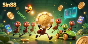 Engage with Sin88's thrilling world of online gambling illustrated by ants heisting a colossal poker chip.