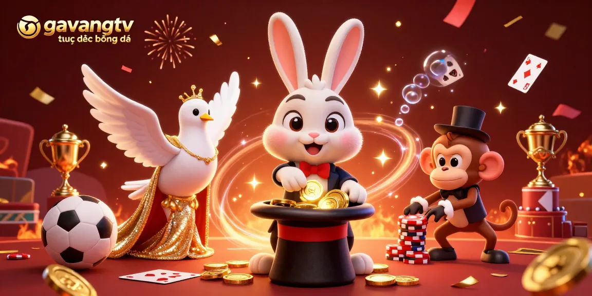 Engage in gavangtv trực tiếp bóng đá with a lively scene of a magician rabbit, stylish dove, and playful monkey amid vibrant casino elements.