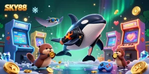 Experience excitement with SKY88 as vibrant sea creatures hold golden coins in an action-packed casino scene.
