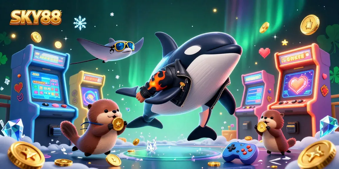 Experience excitement with SKY88 as vibrant sea creatures hold golden coins in an action-packed casino scene.