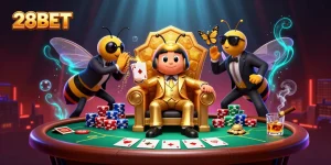 Engage in thrilling poker action with 28BET, showcasing a busy casino scene with colorful chips and dynamic gameplay.