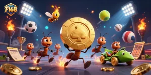 F168 ants transport a giant poker chip in a vibrant 3D illustration, amidst dynamic sports elements.