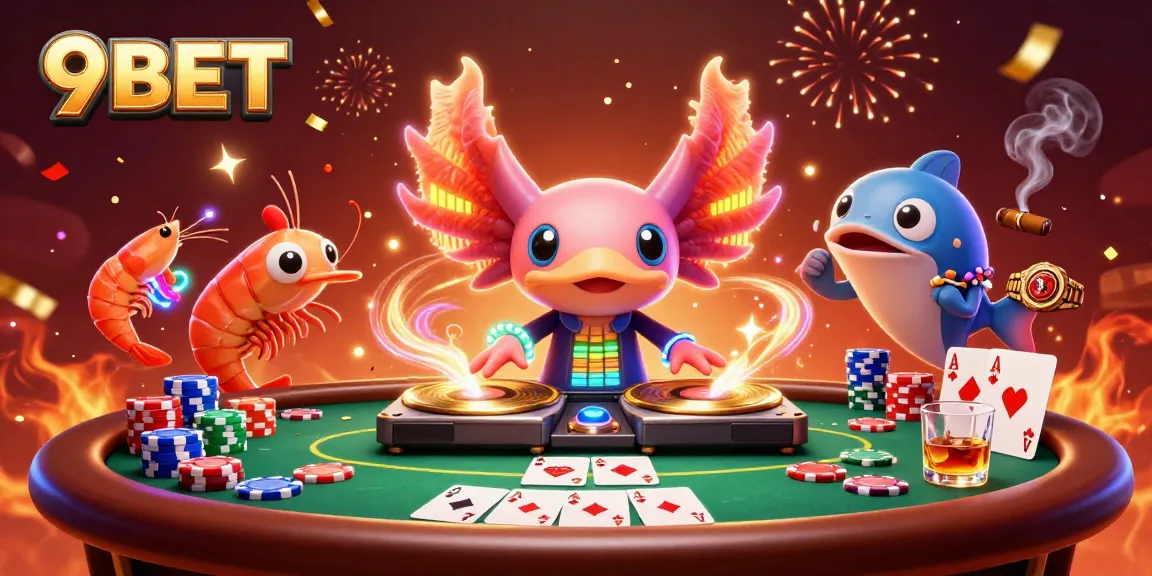 Experience the thrill at 9BET with a vibrant casino scene showcasing poker games and animated characters.