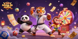 xem bóng đá xoilac tv showcases an immersive casino world with a kung fu tiger, panda, and monkey amidst dynamic gaming elements.