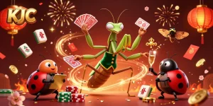 KJC card sharp and pit boss serving mahjong tiles and celebration elements at a vibrant casino scene