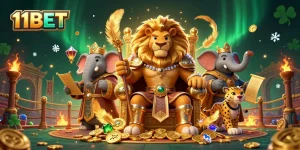 Experience thrilling action with 11BET as the fierce lion king reigns from a throne of gold coins in a vibrant 3D casino world.