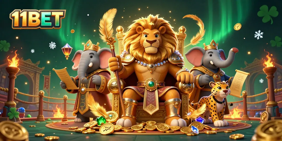 Experience thrilling action with 11BET as the fierce lion king reigns from a throne of gold coins in a vibrant 3D casino world.