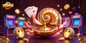 Engage with mb66's vibrant casino experience featuring an ancient nautilus roulette wheel and poker gameplay.