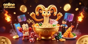 Experience excitement at an online Irish casino as a giant ramen bowl deals cards with crypto elements floating all around.