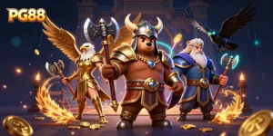 Join the excitement at PG88 with a Viking berserker and Valkyrie eagle amidst casino elements.