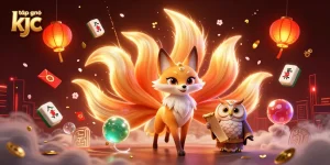 Watch the nine-tailed fox spirit alongside a sage in a vibrant animated setting representing tập đoàn kjc's gaming world.