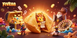 Experience thrilling action at FIVE88 with a vibrant 3D casino scene filled with colorful gaming elements.