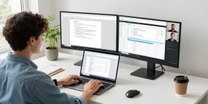 WPS Download showcased on dual monitors in a modern home office setting