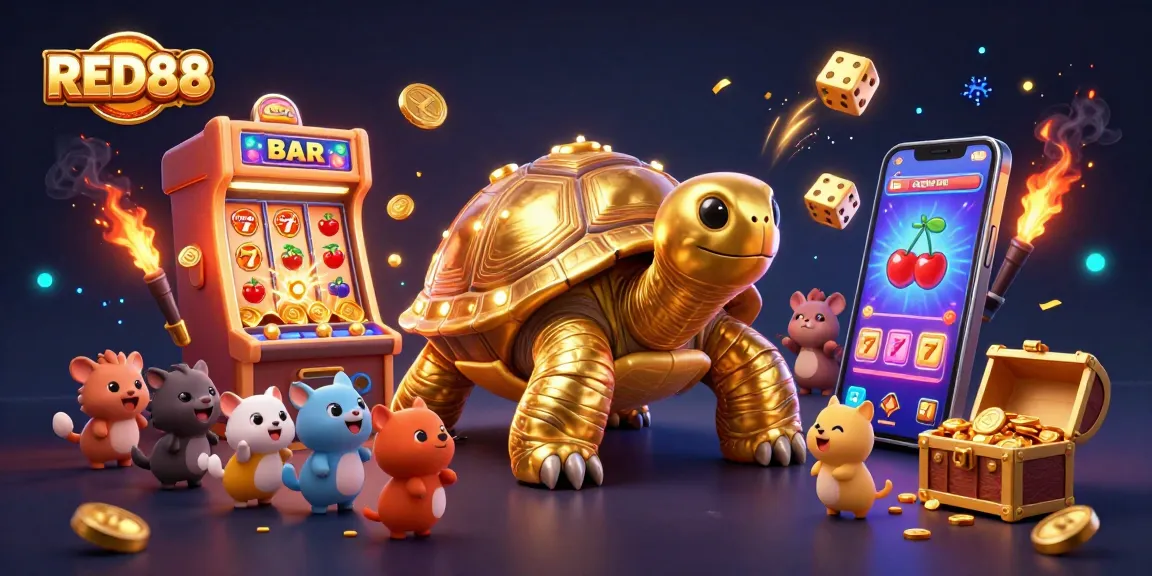 RED88 showcases an exciting casino atmosphere with a golden tortoise pinball machine and dazzling elements.
