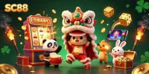 Experience exciting games at SC88, featuring lively characters celebrating with a jackpot win.
