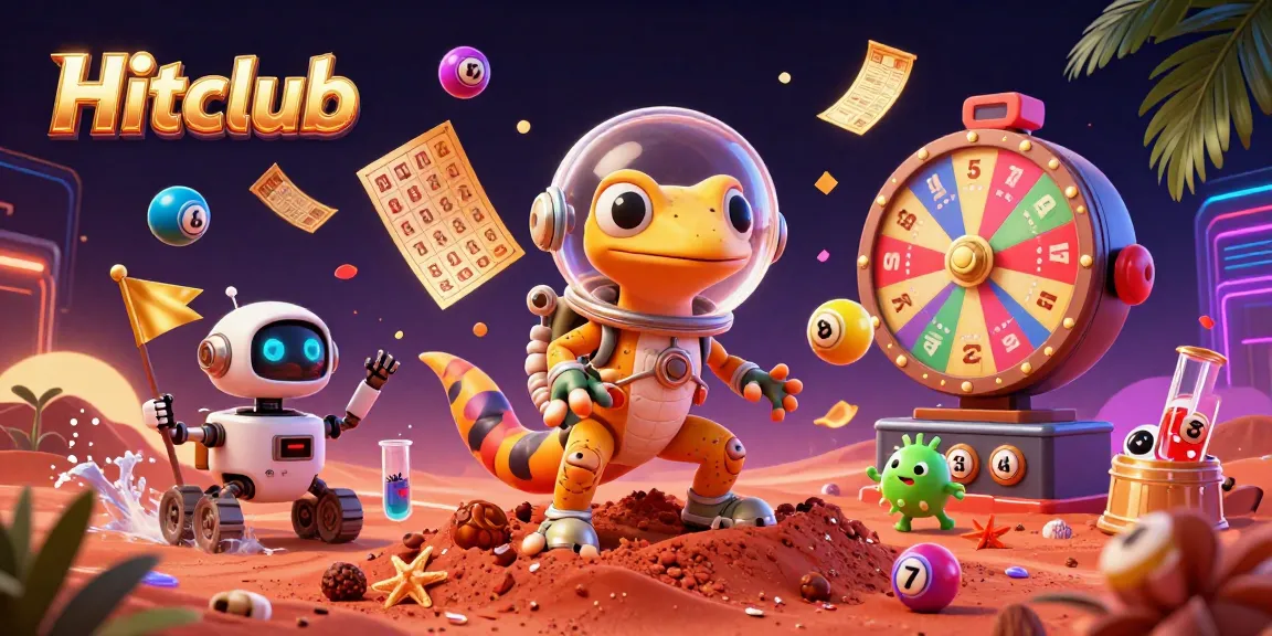 Engage with Hitclub's vibrant casino world featuring a Martian gecko and dynamic lottery elements.