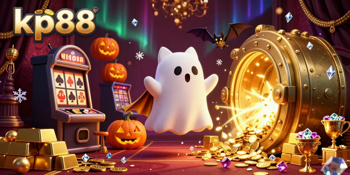 Experience thrilling fun at kp88 with a ghost cat and vampire bat in a vibrant casino.