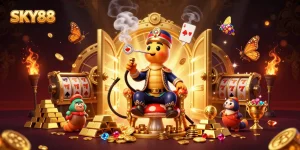 Engage with SKY88's vibrant casino scene featuring a whimsical caterpillar master with poker symbolism.