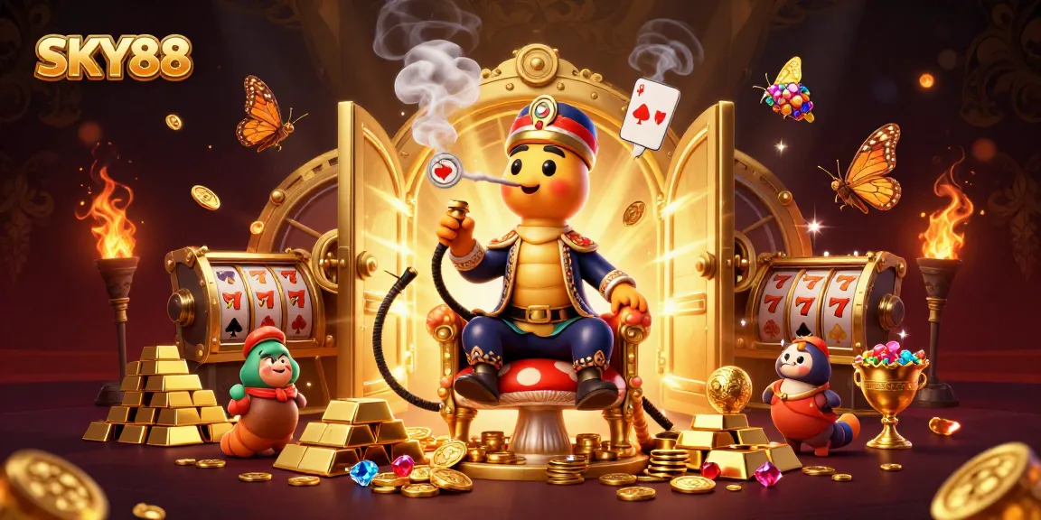 Engage with SKY88's vibrant casino scene featuring a whimsical caterpillar master with poker symbolism.