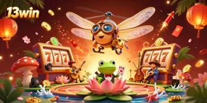 Engage with 13win's vibrant casino scene, showcasing dragonfly pilot, frog dealer, and lively players.