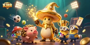 Engage in thrilling betting at BJ88 with a dynamic sports illustration featuring magical elements.