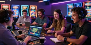 Players immersed in the dynamic online gaming environment of 88M casino, engaging with sportsbook screens and vibrant visuals.