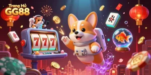 Engaging illustration of Trang Chủ GG88 featuring a cartoon astronaut corgi, showcasing unique casino elements.