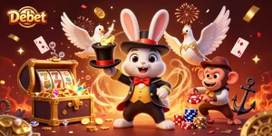 Spin to win with Debet in an action-packed casino scene featuring vibrant characters and slot elements.