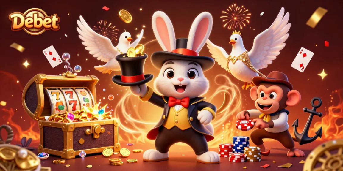 Spin to win with Debet in an action-packed casino scene featuring vibrant characters and slot elements.