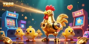 Engage in thrilling gaming at TR88 with a dynamic scene featuring a golden rooster robot and arcade machines.